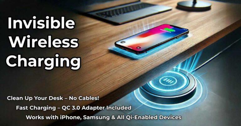 KPON Wireless Charger for under desk installation, compatible with iPhone, Samsung, and all Qi-enabled devices