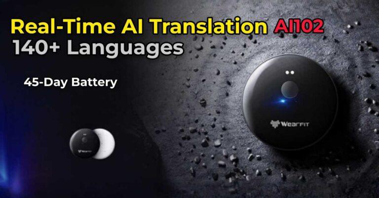 AI102 real-time voice and text translator with 140+ languages, instant translation, and 45-day battery life.