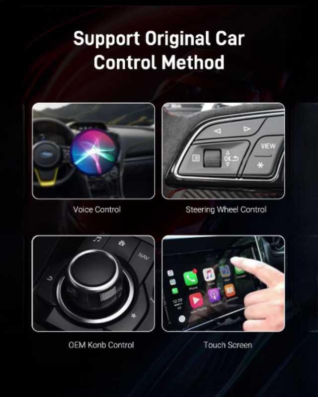 A wireless CarPlay adapter that supports OEM steering wheel and voice controls.