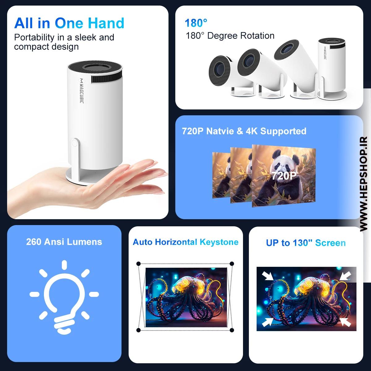 Magcubic HY300 Pro – All-in-One Compact 4K Projector with 260 ANSI and 180° Rotation