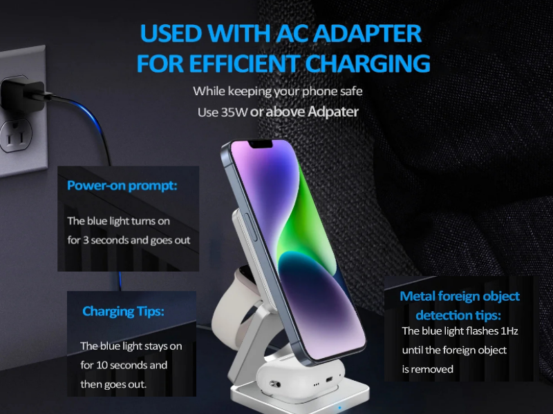Qi2 charger used with AC adapter for efficient charging
