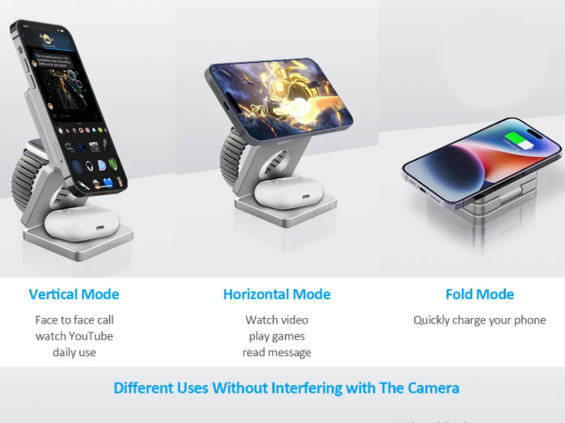 Vertical and horizontal charging modes for iPhone with Qi2 wireless charger